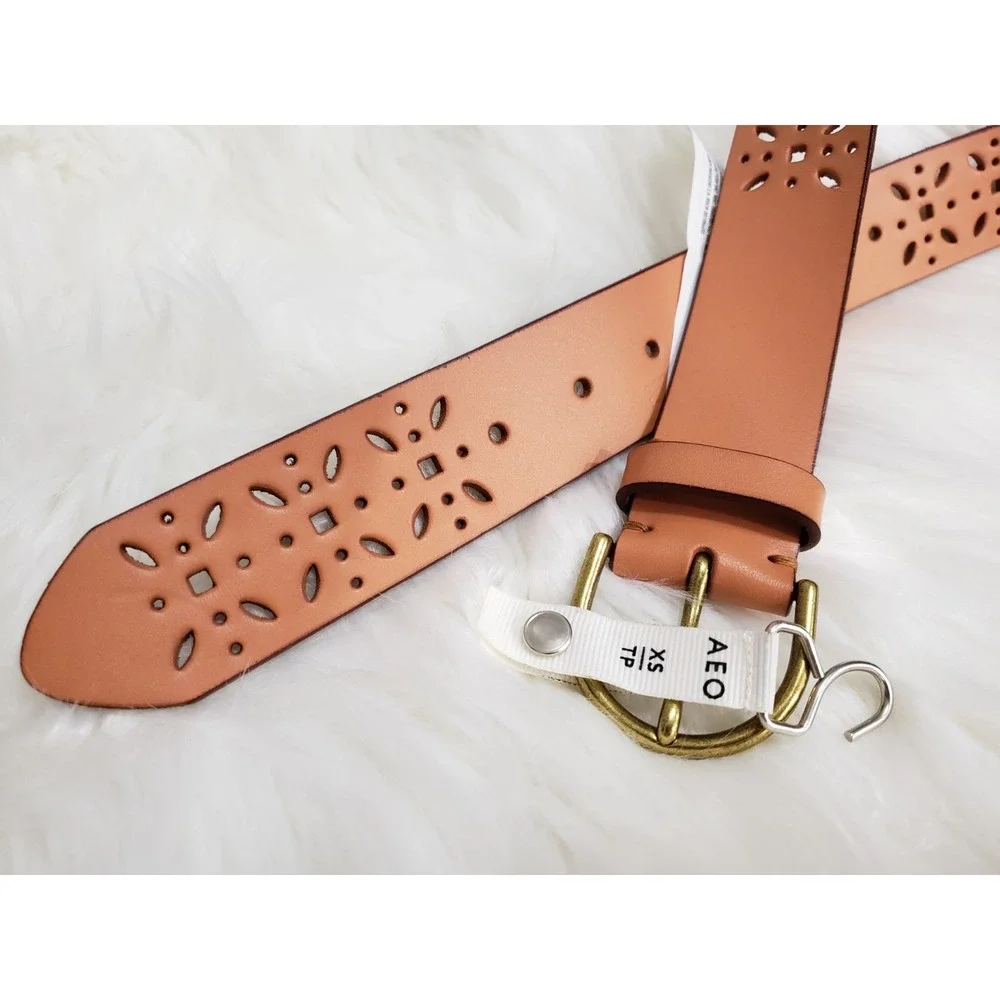NEW MEDIUM - American Eagle Women's Belt‎ Tan Genuine Leather Cutout Boho Hippie